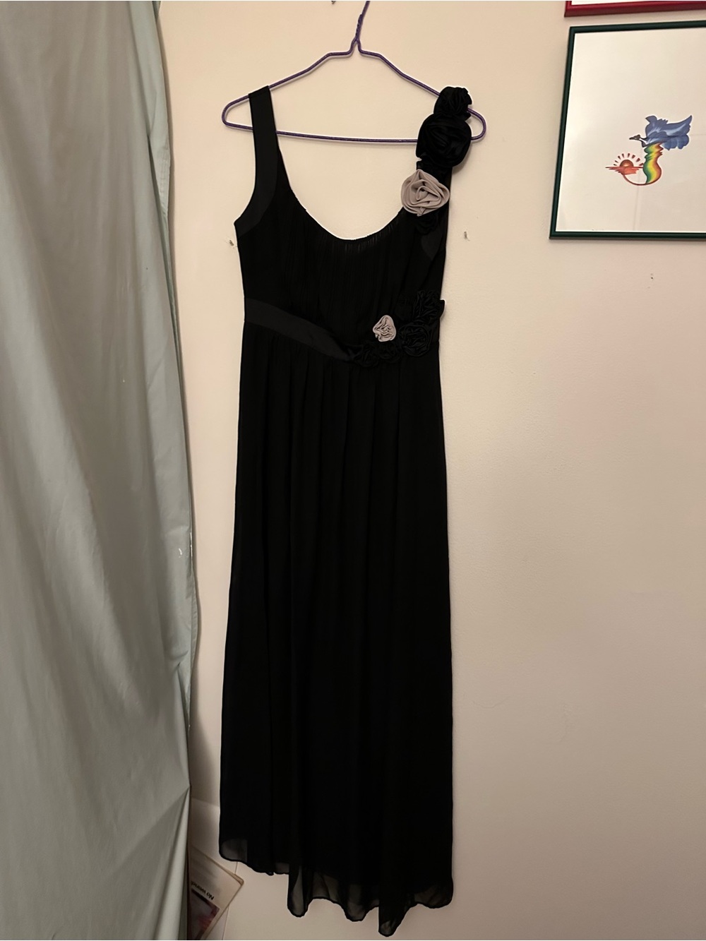 next Black One-Shoulder Evening Dress with Rosette Accents